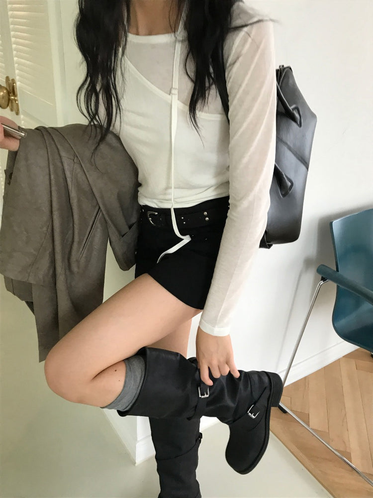 天絲微透膚不對稱垂帶設計上衣