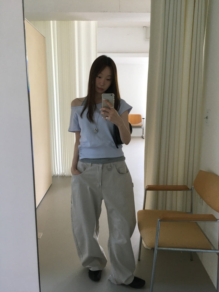 S/S 美肩撞色掛脖兩件式上衣