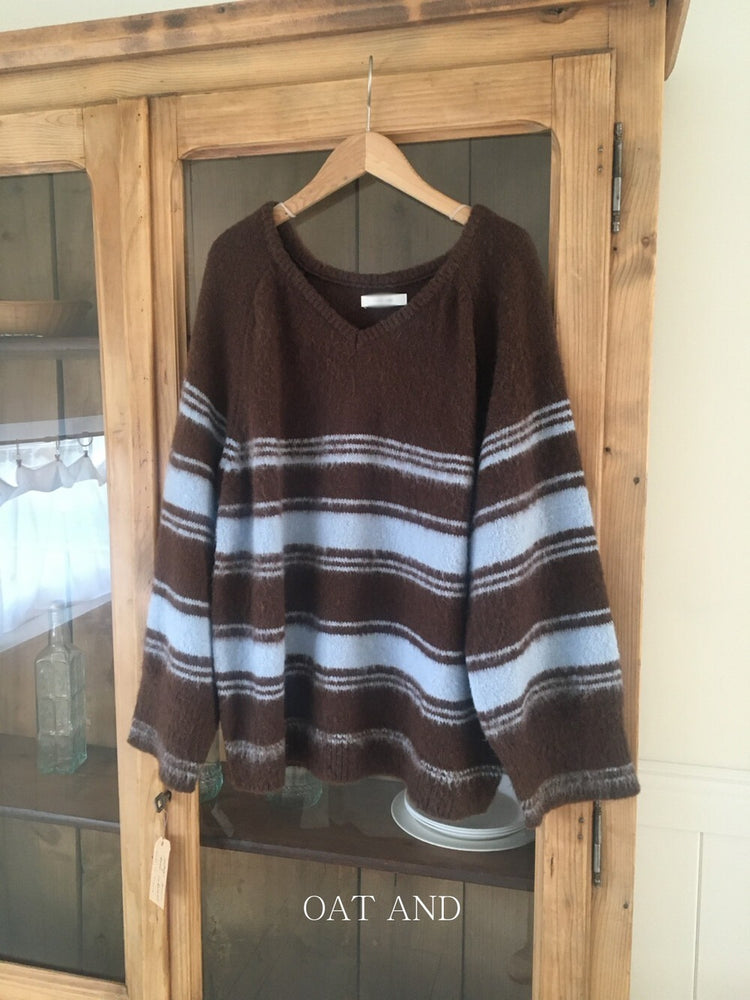 V領撞色條紋細節毛衣