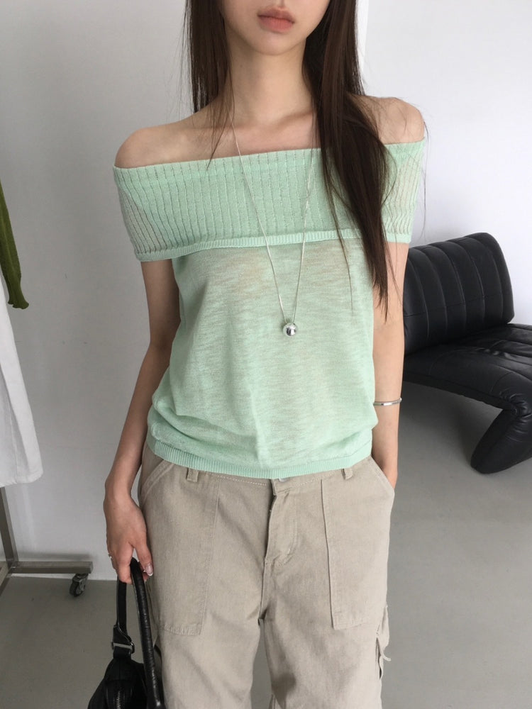 美肩坑紋反折針織上衣
