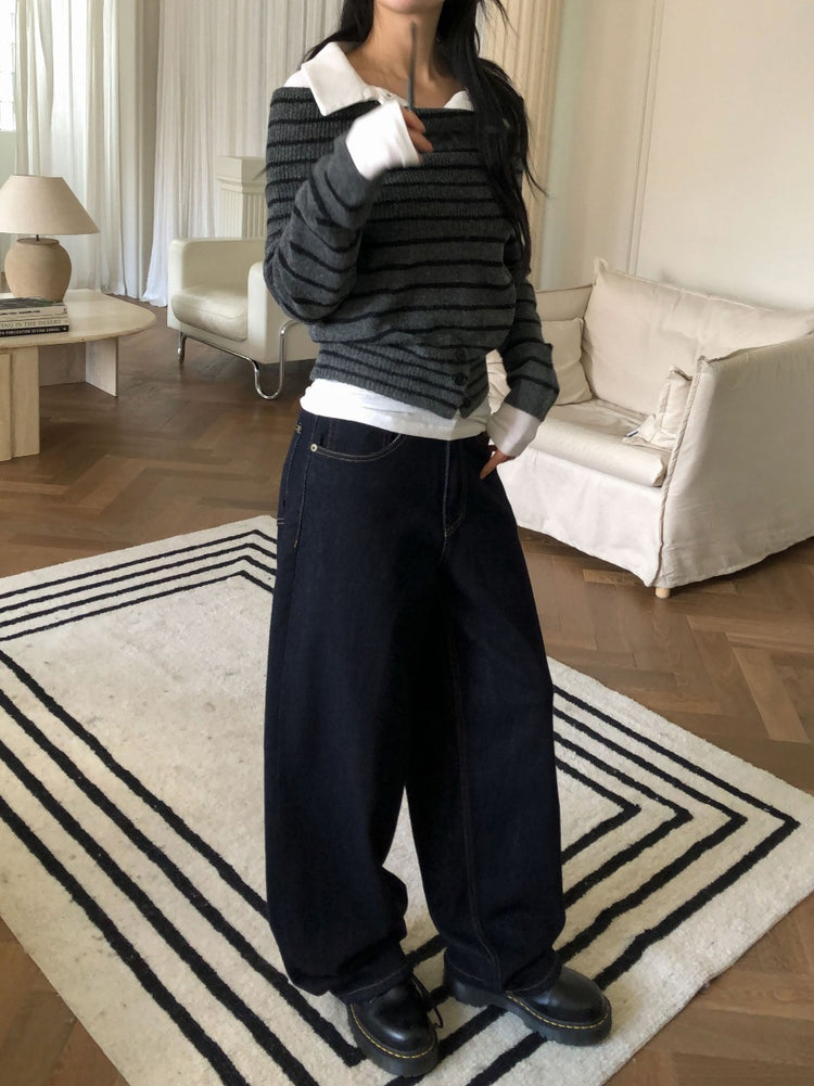 美肩下擺扣鈕細節針織上衣