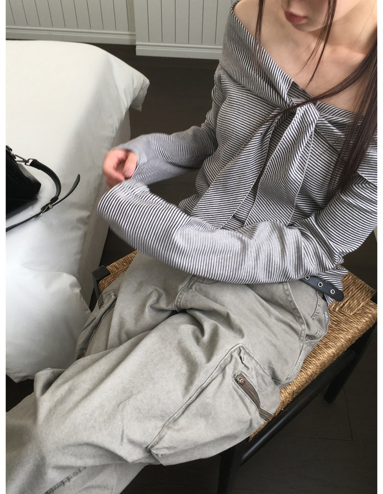 美肩垂帶領結條紋上衣