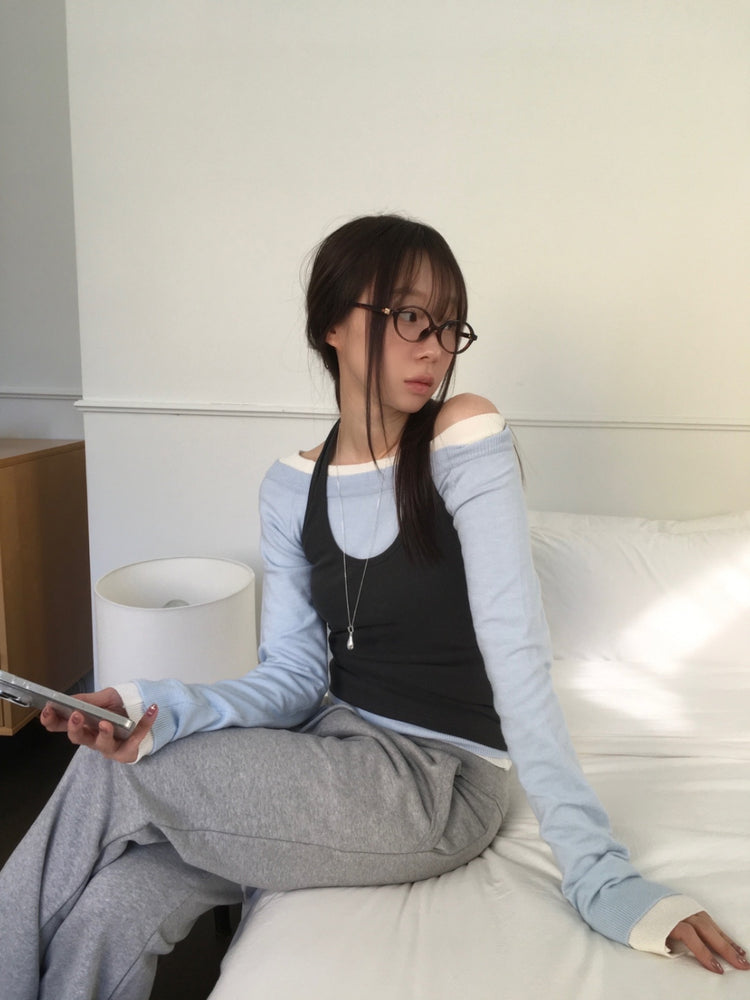 美色露肩修身針織上衣