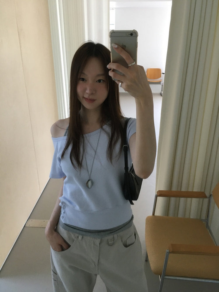 S/S 美肩撞色掛脖兩件式上衣