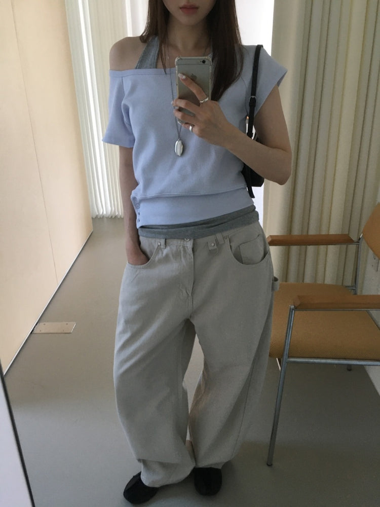 S/S 美肩撞色掛脖兩件式上衣