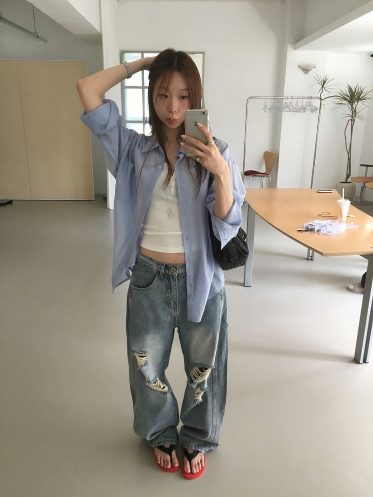 美色透膚背細節寬鬆襯衫