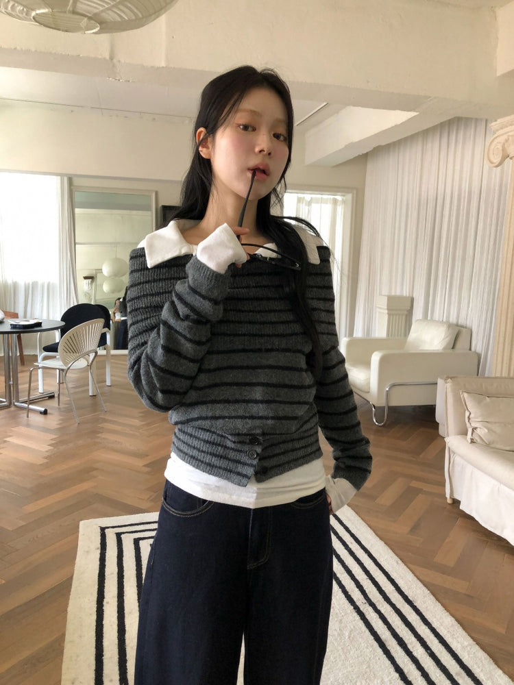 美肩下擺扣鈕細節針織上衣