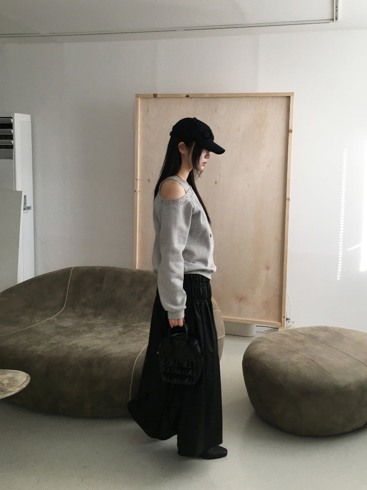 鉚釘圈細節假兩件美肩上衣