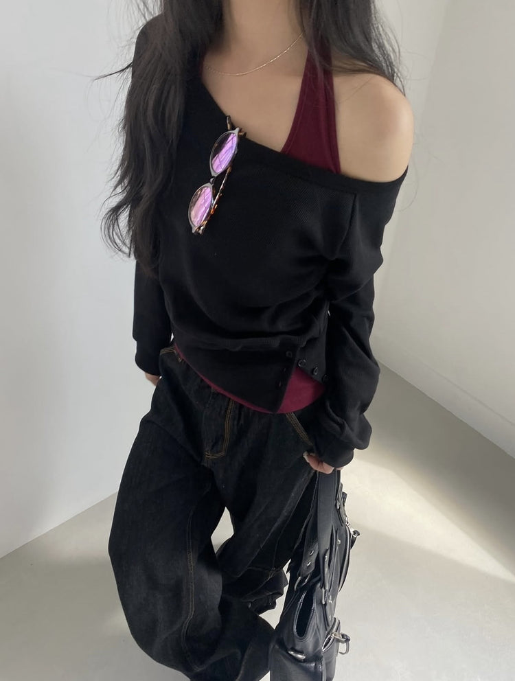 美肩撞色掛脖兩件式上衣