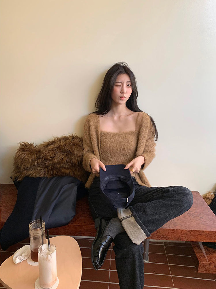 毛毛質感背心外套兩件式套裝