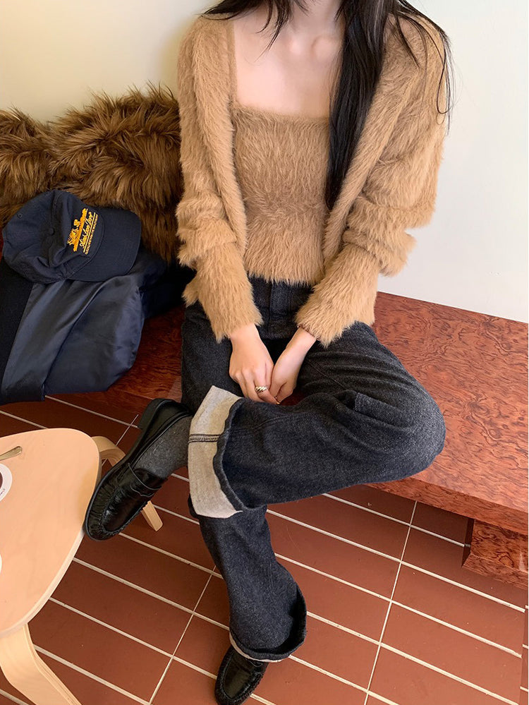 毛毛質感背心外套兩件式套裝