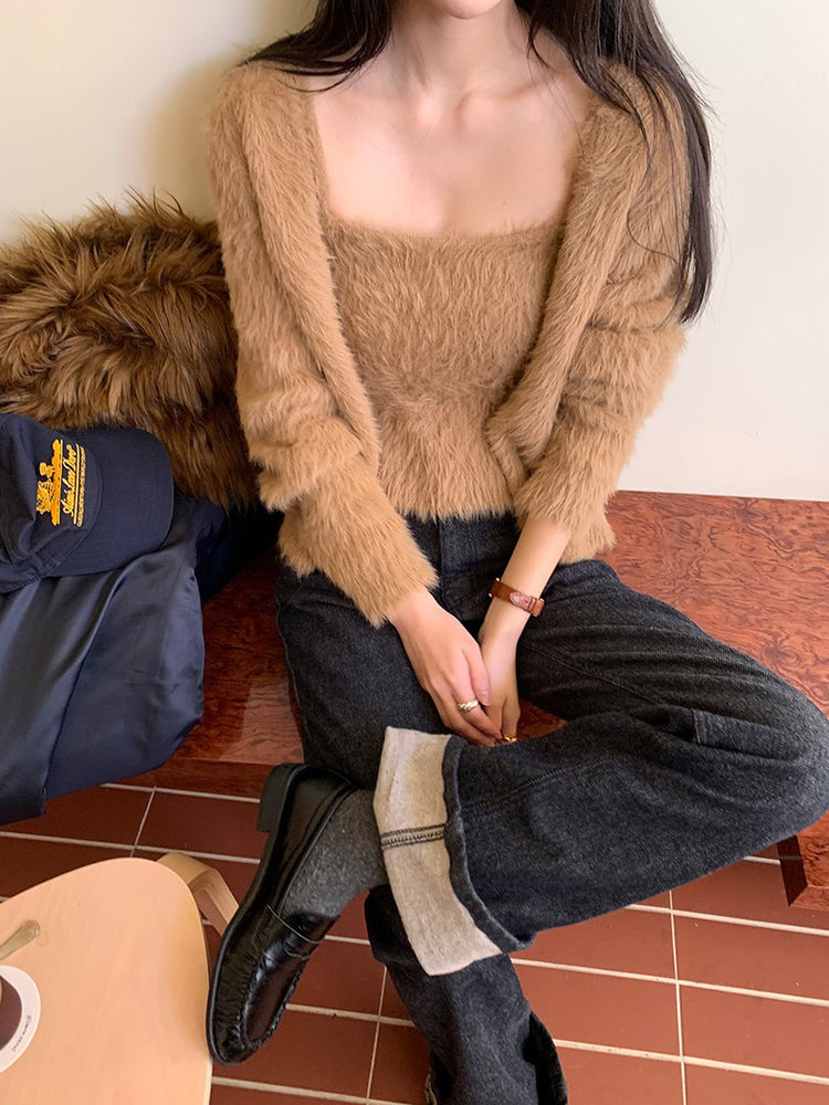 毛毛質感背心外套兩件式套裝