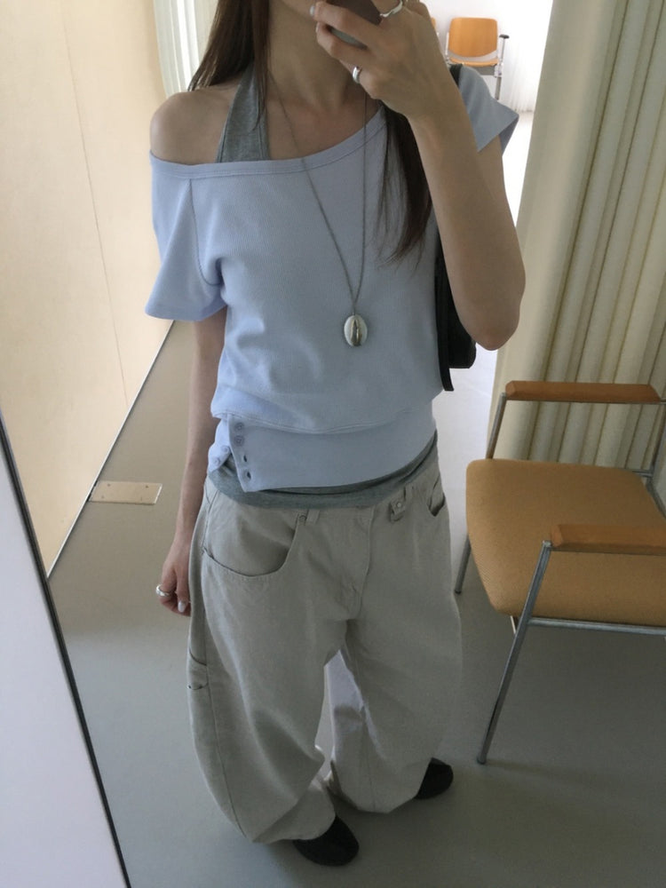 S/S 美肩撞色掛脖兩件式上衣