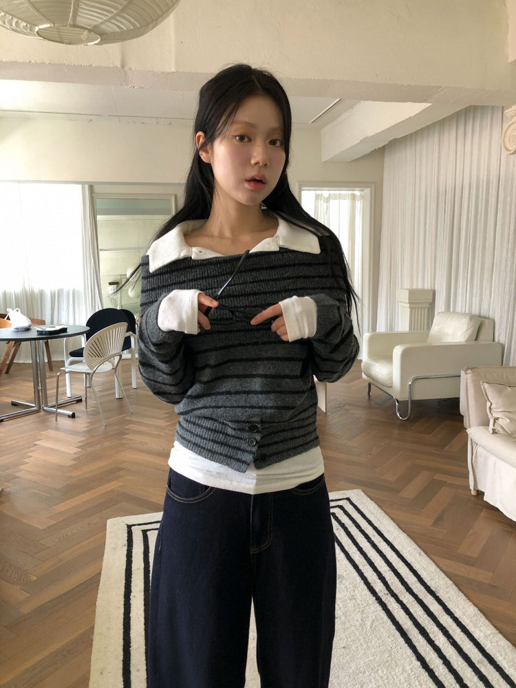 美肩下擺扣鈕細節針織上衣