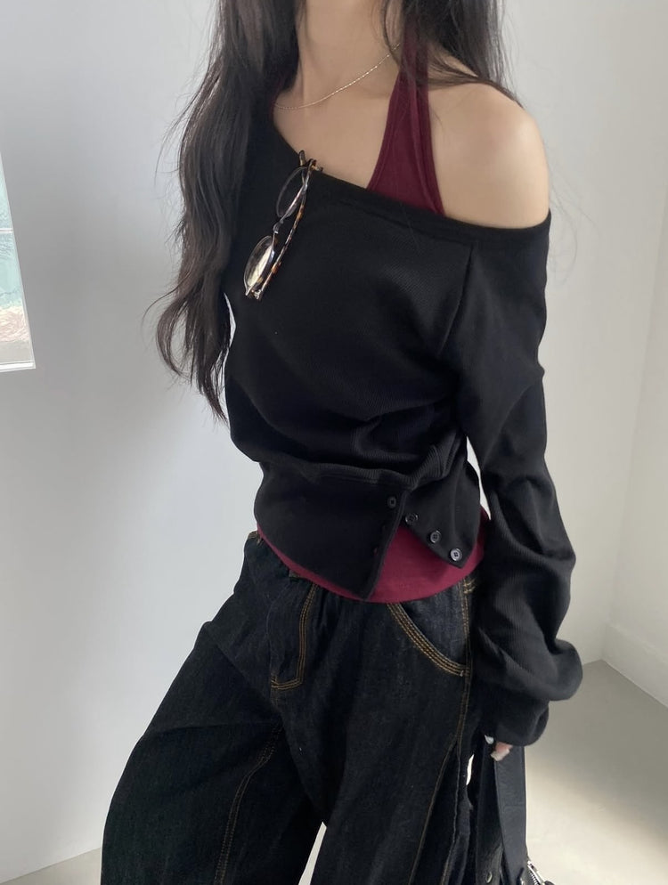 美肩撞色掛脖兩件式上衣