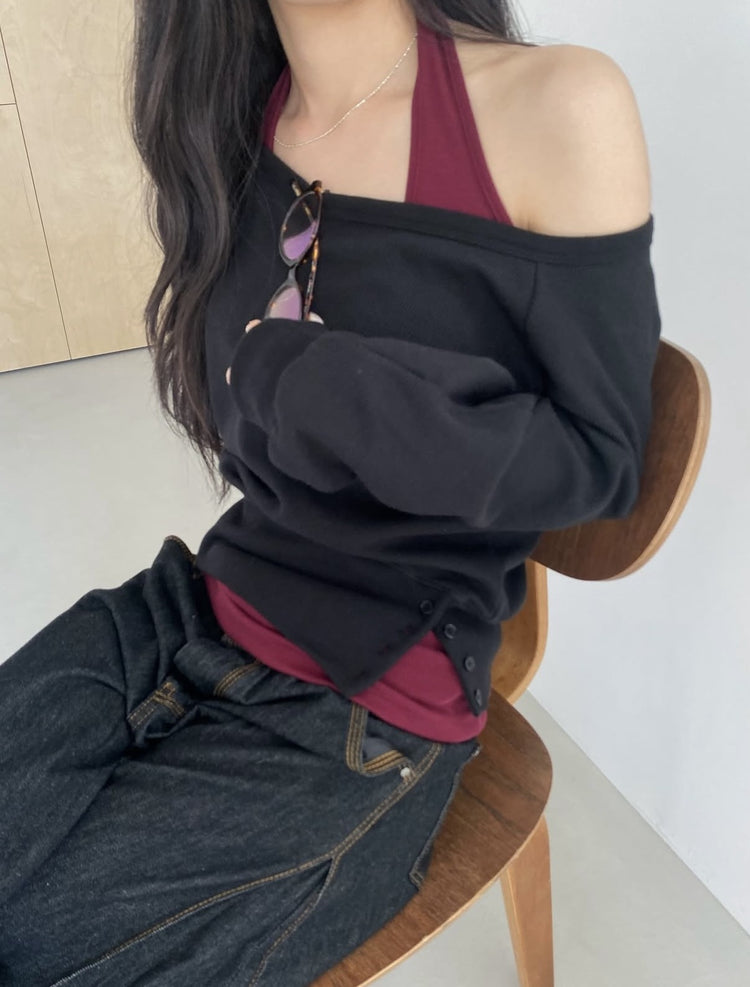 美肩撞色掛脖兩件式上衣