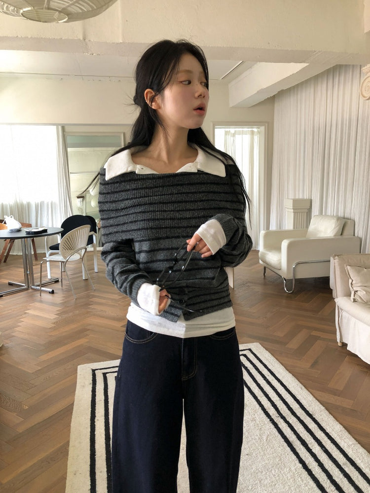 美肩下擺扣鈕細節針織上衣