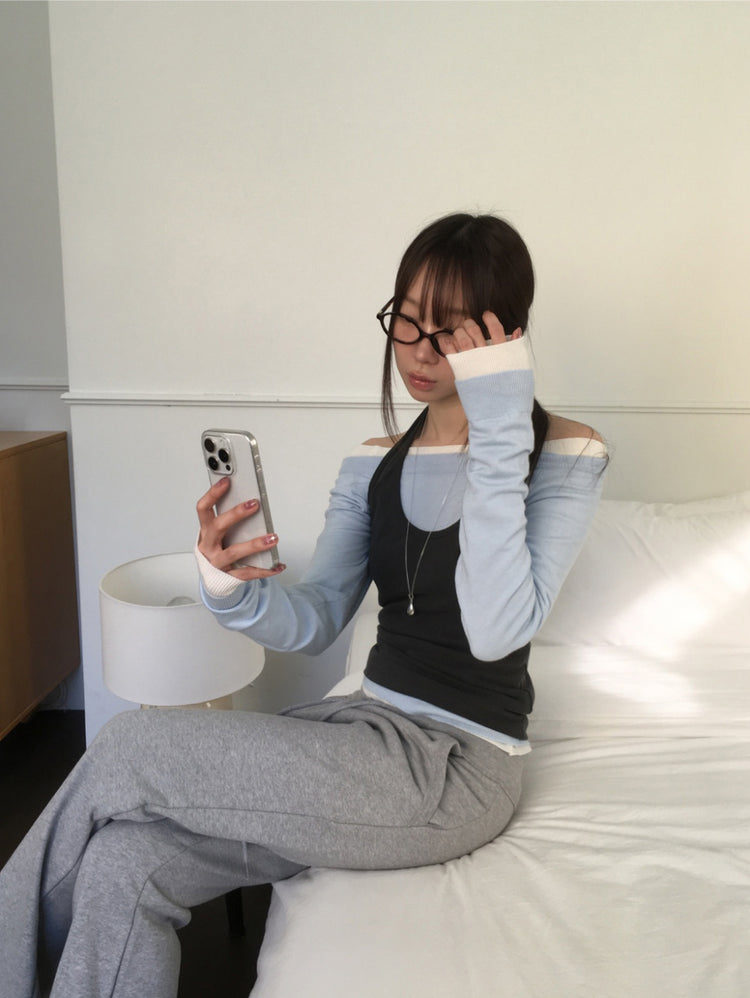 美色露肩修身針織上衣