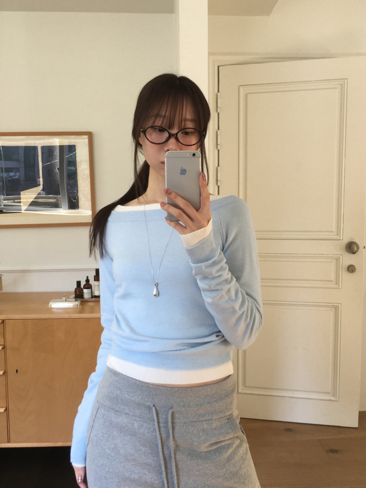 美色露肩修身針織上衣