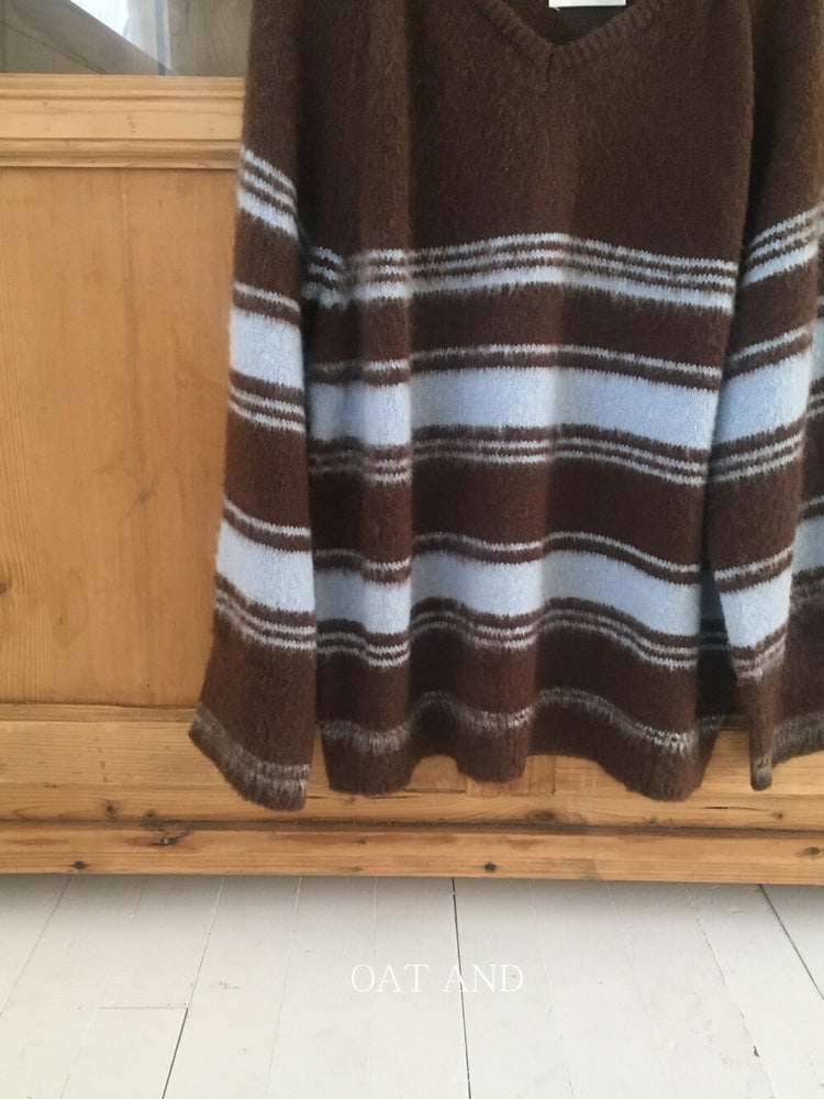 V領撞色條紋細節毛衣