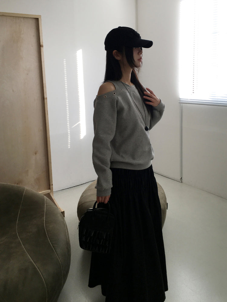 鉚釘圈細節假兩件美肩上衣