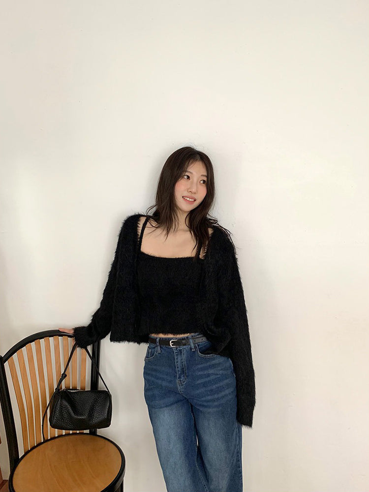 毛毛質感背心外套兩件式套裝