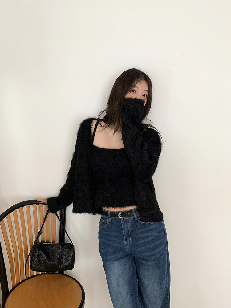 毛毛質感背心外套兩件式套裝