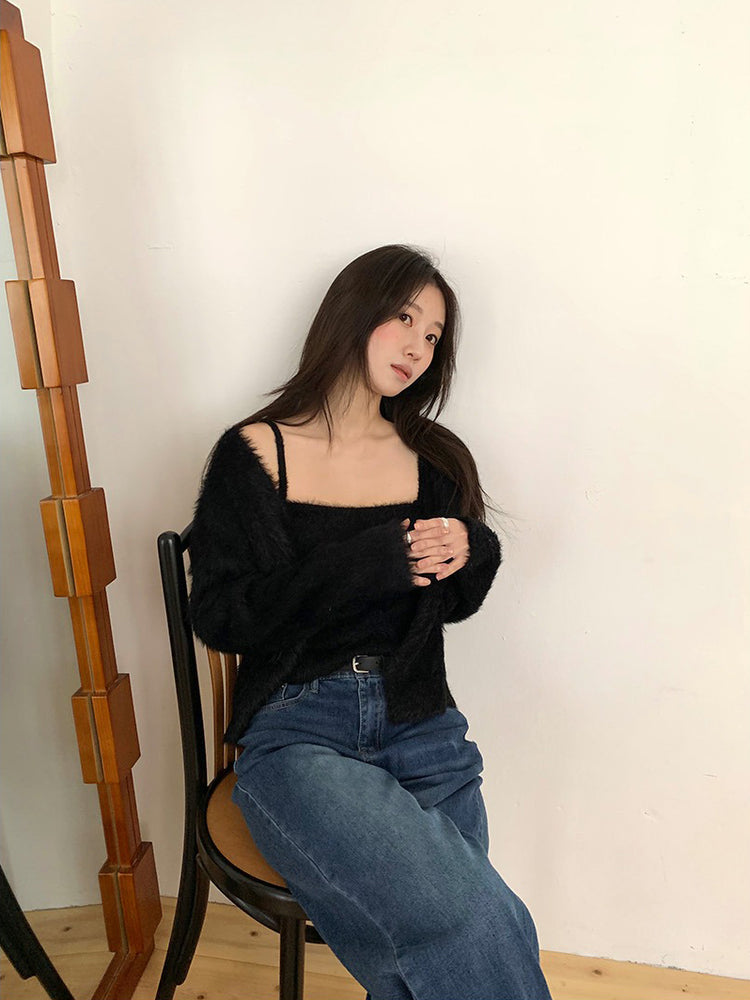 毛毛質感背心外套兩件式套裝