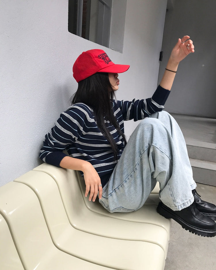 美色條紋排鈕針織外套