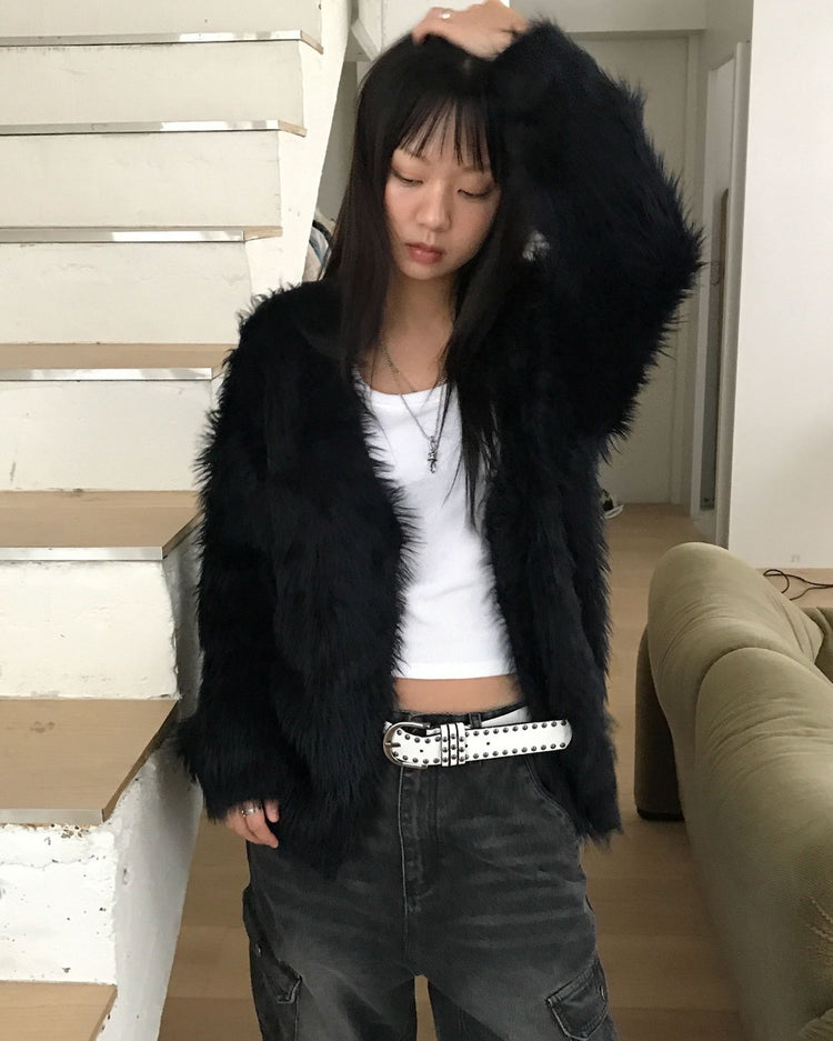 仿水貂毛質感排鈕寬鬆外套