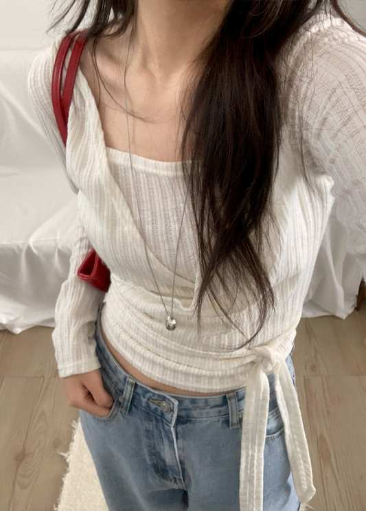 坑條紋理交疊綁帶修腰上衣