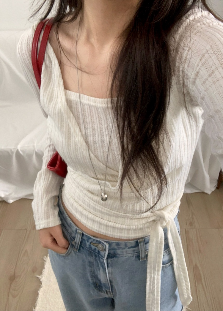 坑條紋理交疊綁帶修腰上衣