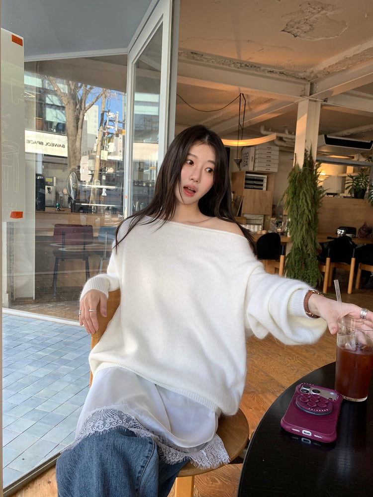 美色斜肩寬鬆束口毛衣