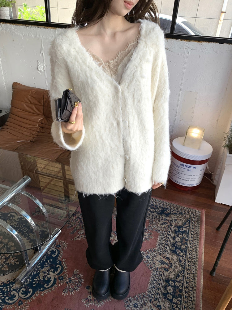 毛感細節排鈕寬鬆針織外套