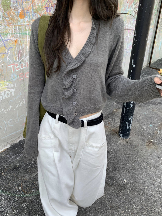 荷葉邊細節排鈕針織外套