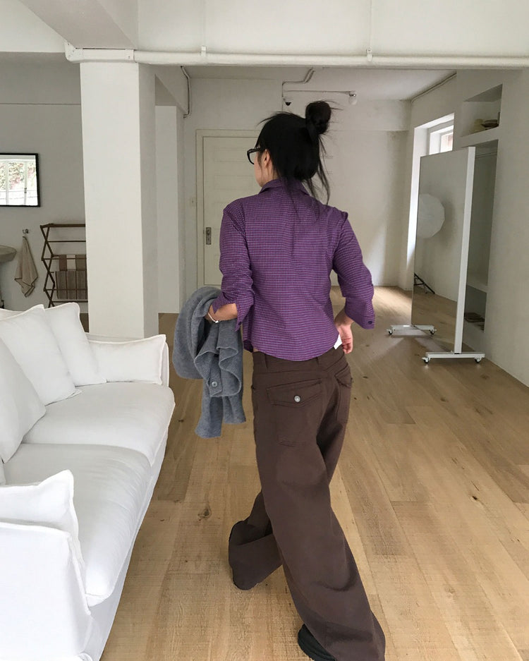 復古亮色格紋細節修腰襯衫