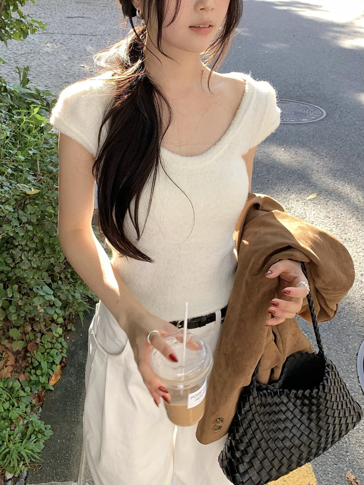 U領圈毛質感針織上衣