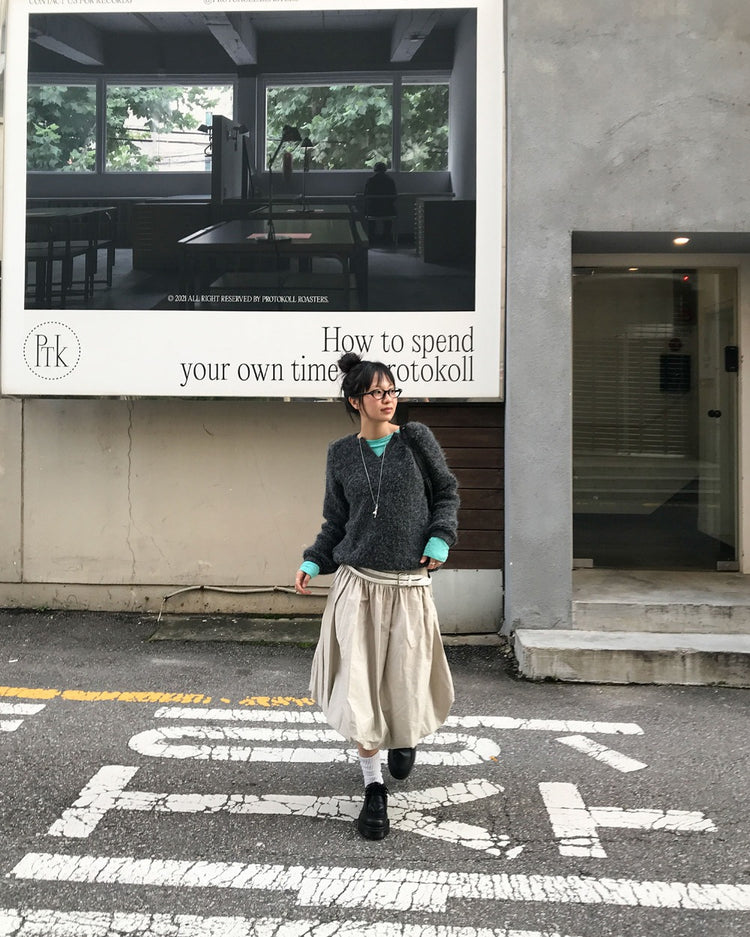 寬腰頭泡泡中裙