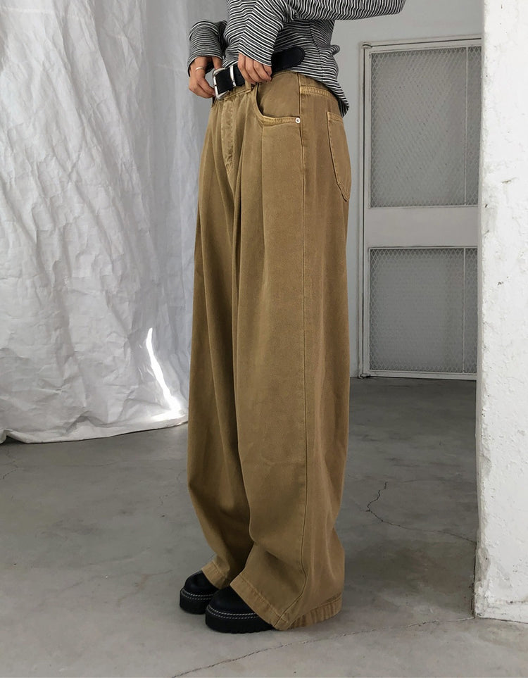 復古美色雙壓褶垂感闊褲(附皮帶)
