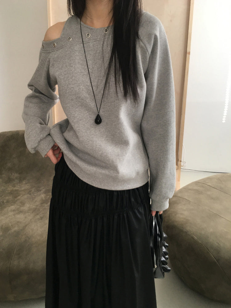 鉚釘圈細節假兩件美肩上衣