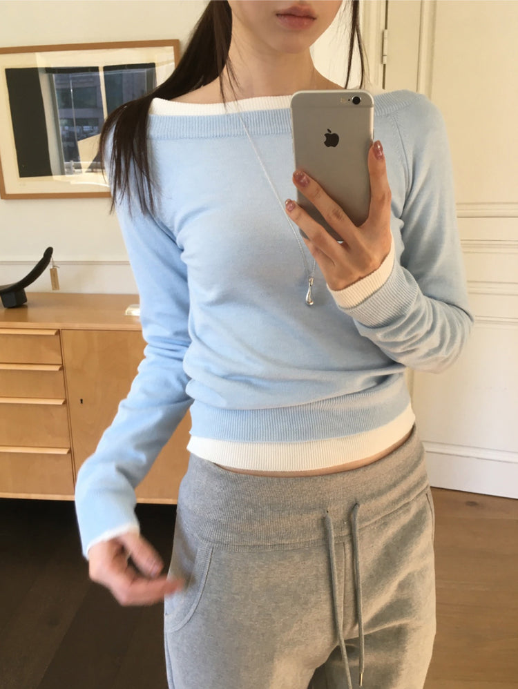 美色露肩修身針織上衣