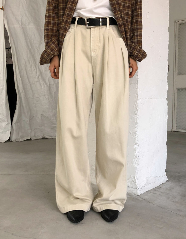 復古美色雙壓褶垂感闊褲(附皮帶)