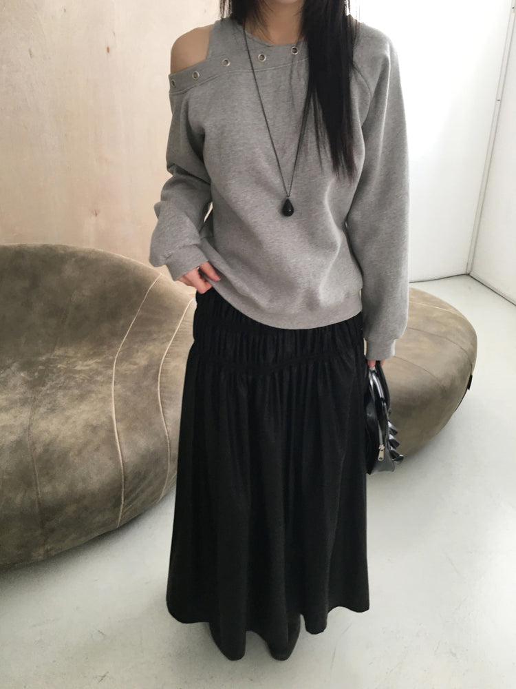 鉚釘圈細節假兩件美肩上衣