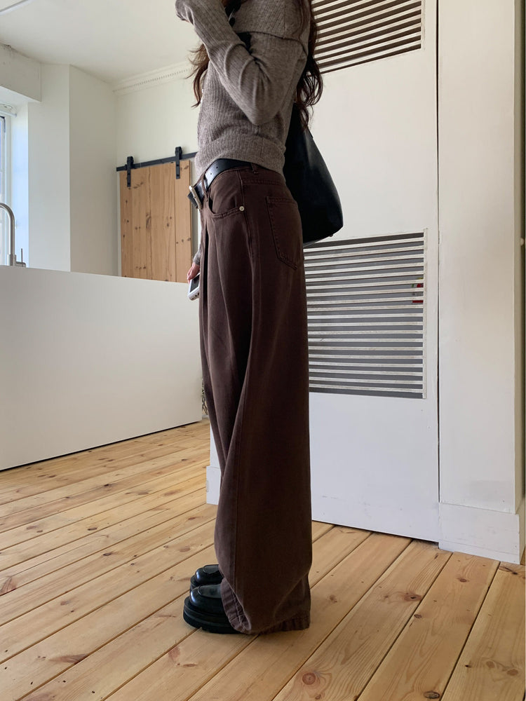 復古美色雙壓褶垂感闊褲(附皮帶)