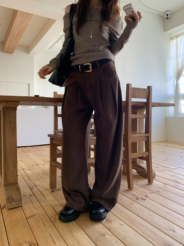 復古美色雙壓褶垂感闊褲(附皮帶)