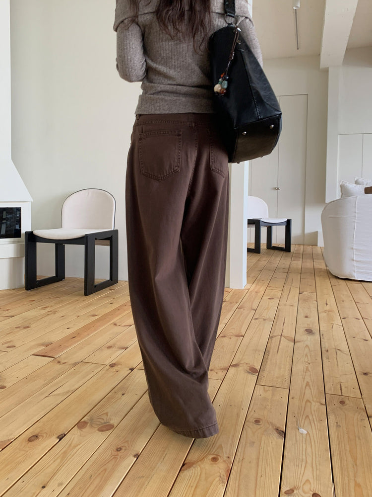 復古美色雙壓褶垂感闊褲(附皮帶)