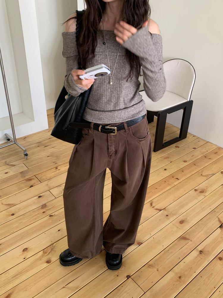 復古美色雙壓褶垂感闊褲(附皮帶)