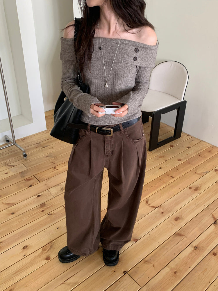 復古美色雙壓褶垂感闊褲(附皮帶)