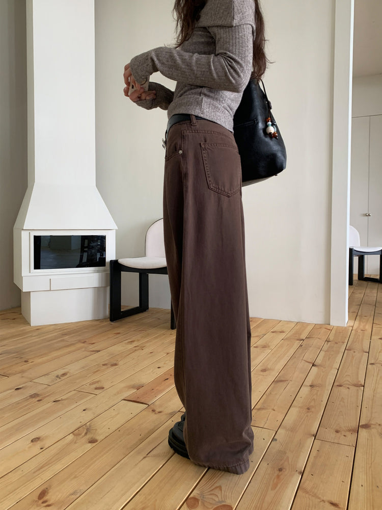復古美色雙壓褶垂感闊褲(附皮帶)