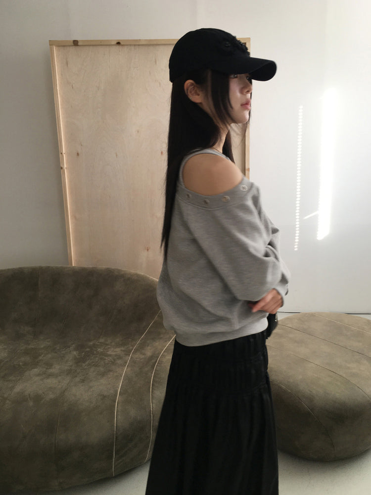 鉚釘圈細節假兩件美肩上衣